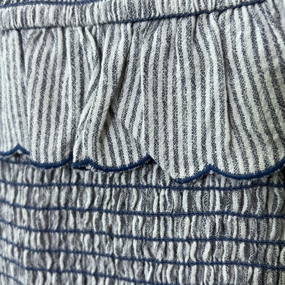 Storia Off The Shoulder Mini Dress Smocked Ruffle Cotton Linen Stripe Blue Sz S - Picture 6 of 10